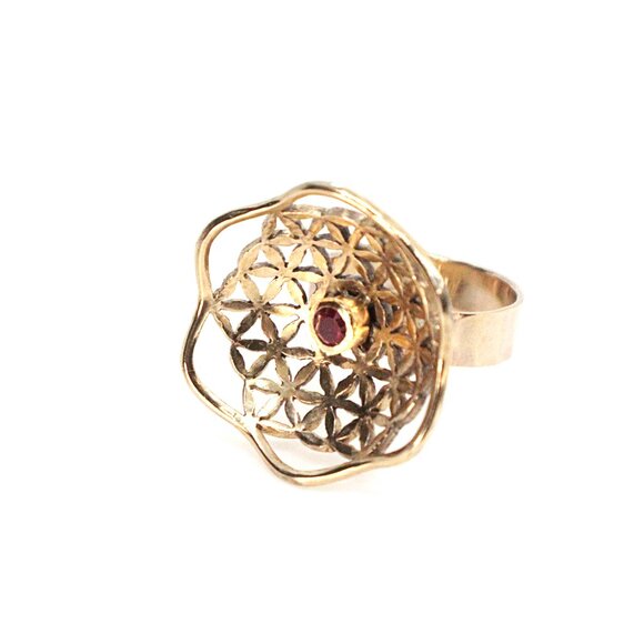 FLOWER OF LIFE GOLD RING WITH REAL RUBY - Picture 4 of 6
